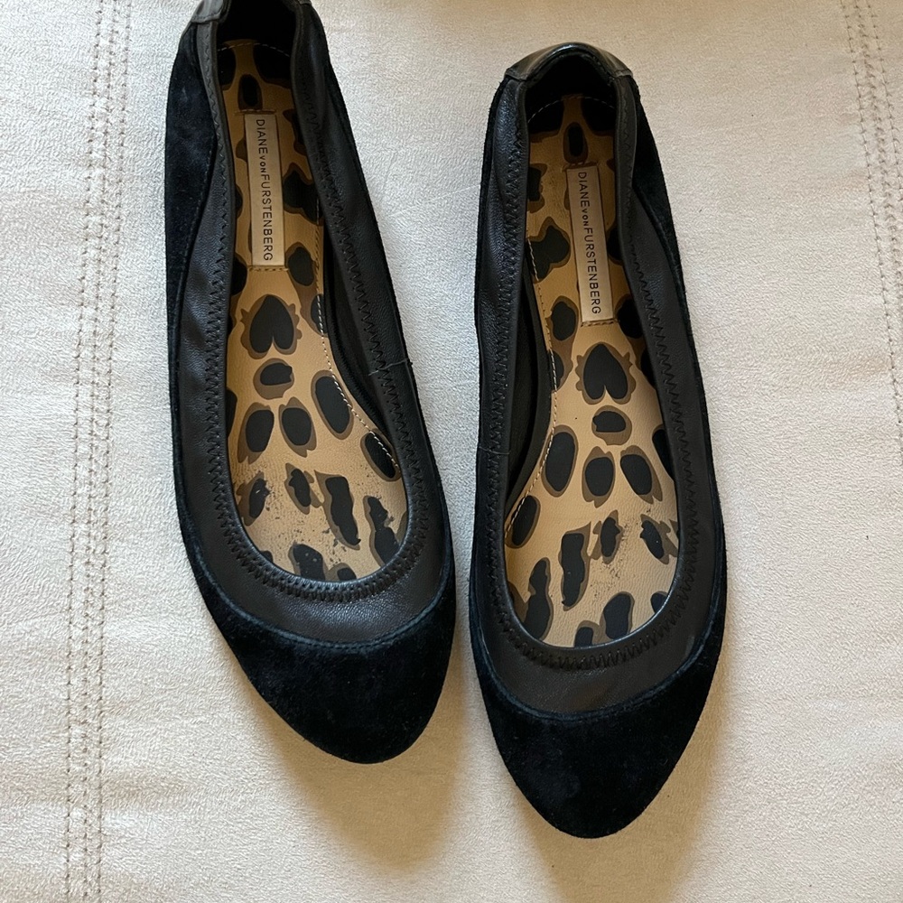Diane Von Furstenberg Suede and Leather Black Ballet Flats